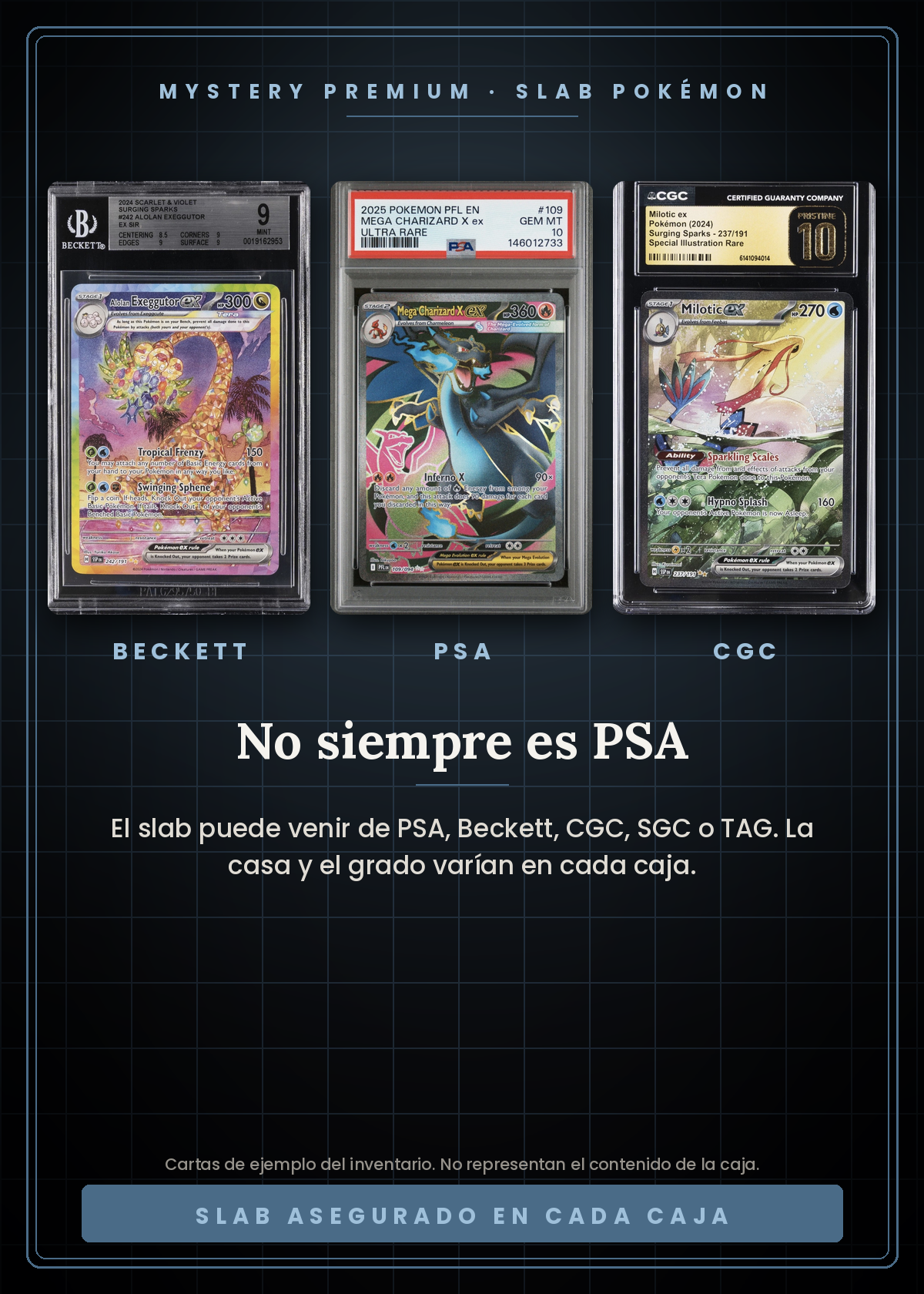 Mystery Premium Slab de Pokémon Vaulted — no siempre es PSA: tres slabs reales de Alolan Exeggutor BGS 9, Mega Charizard X PSA 10 y Milotic CGC 10