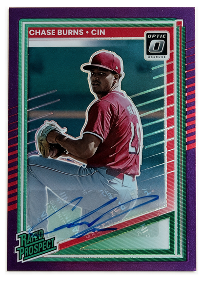 Chase Burns 146 Purple Prizm /49 autografiada - 2025 Donruss Optic, frente