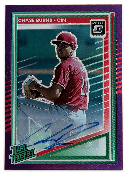 Chase Burns 146 Purple Prizm /49 autografiada - 2025 Donruss Optic, frente
