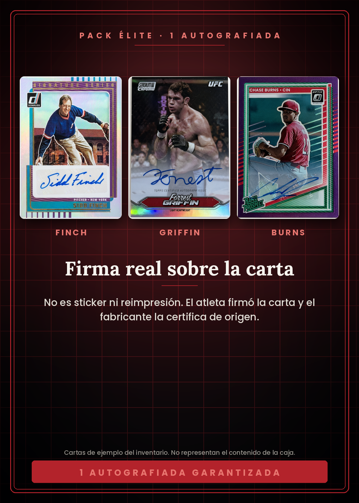 Pack Élite Vaulted — firma real sobre la carta: el atleta firmó la carta y el fabricante la certifica de origen, no es sticker
