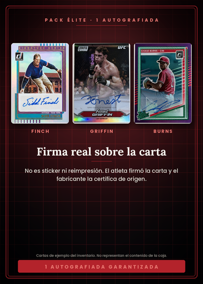 Pack Élite Vaulted — firma real sobre la carta: el atleta firmó la carta y el fabricante la certifica de origen, no es sticker