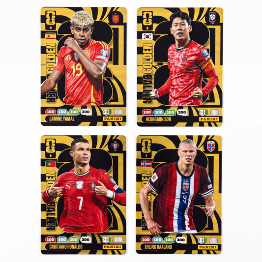 Lote 4 cartas Golden Baller Panini Adrenalyn XL Mundial 2026 — Yamal, Haaland, Cristiano Ronaldo y Son