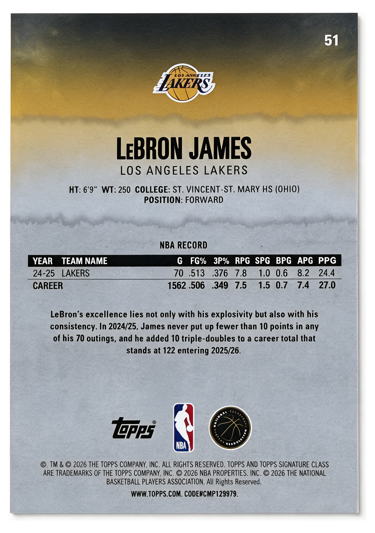 LeBron James 51 - reverso con estadisticas de carrera