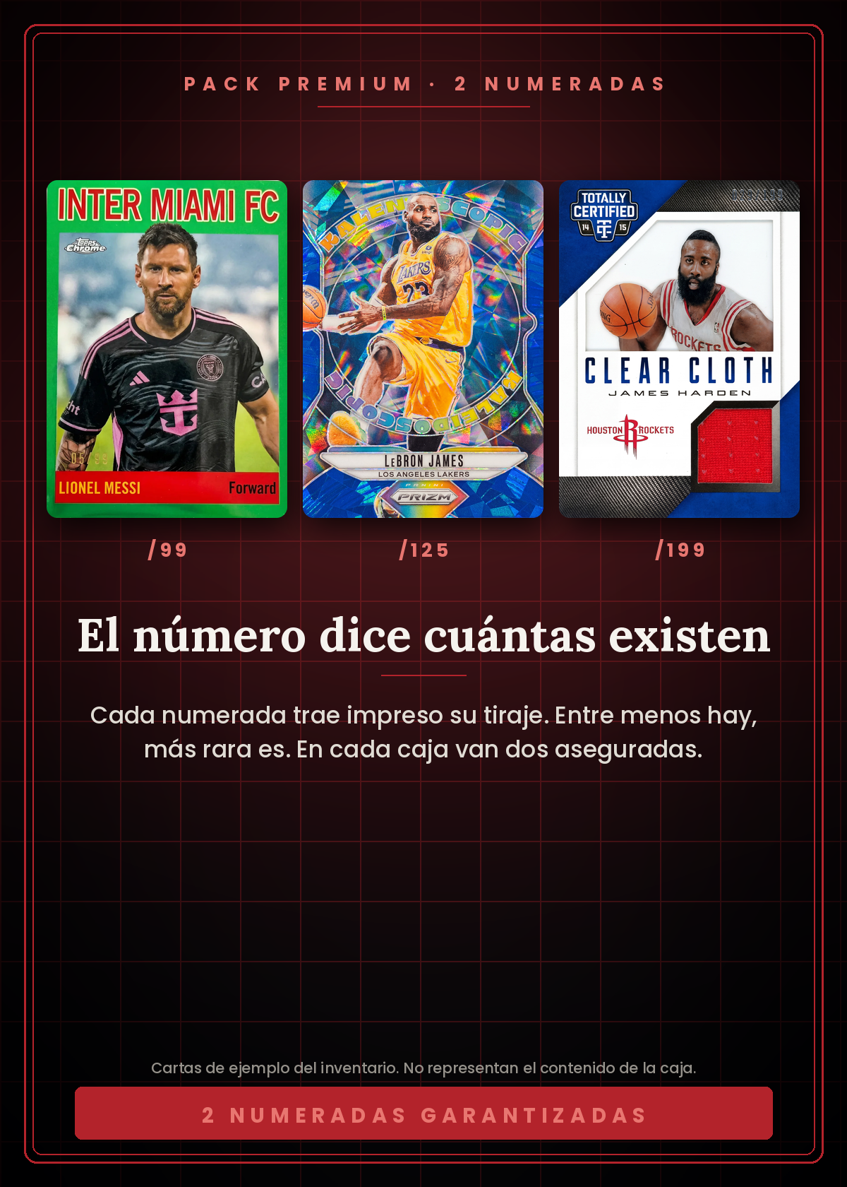 Pack Premium Vaulted — el número dice cuántas existen: cartas numeradas con tiraje impreso /99, /125 y /199