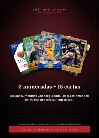 Pack Premium Vaulted — 2 cartas numeradas garantizadas más 15 cartas surtidas del mismo deporte