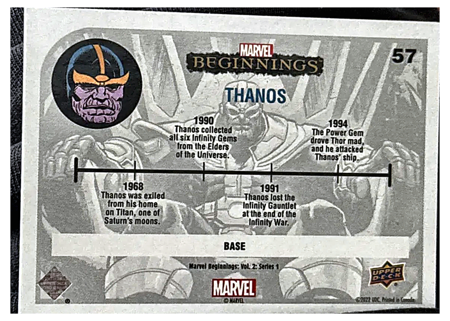 Thanos 57 - reverso con la linea de tiempo del personaje