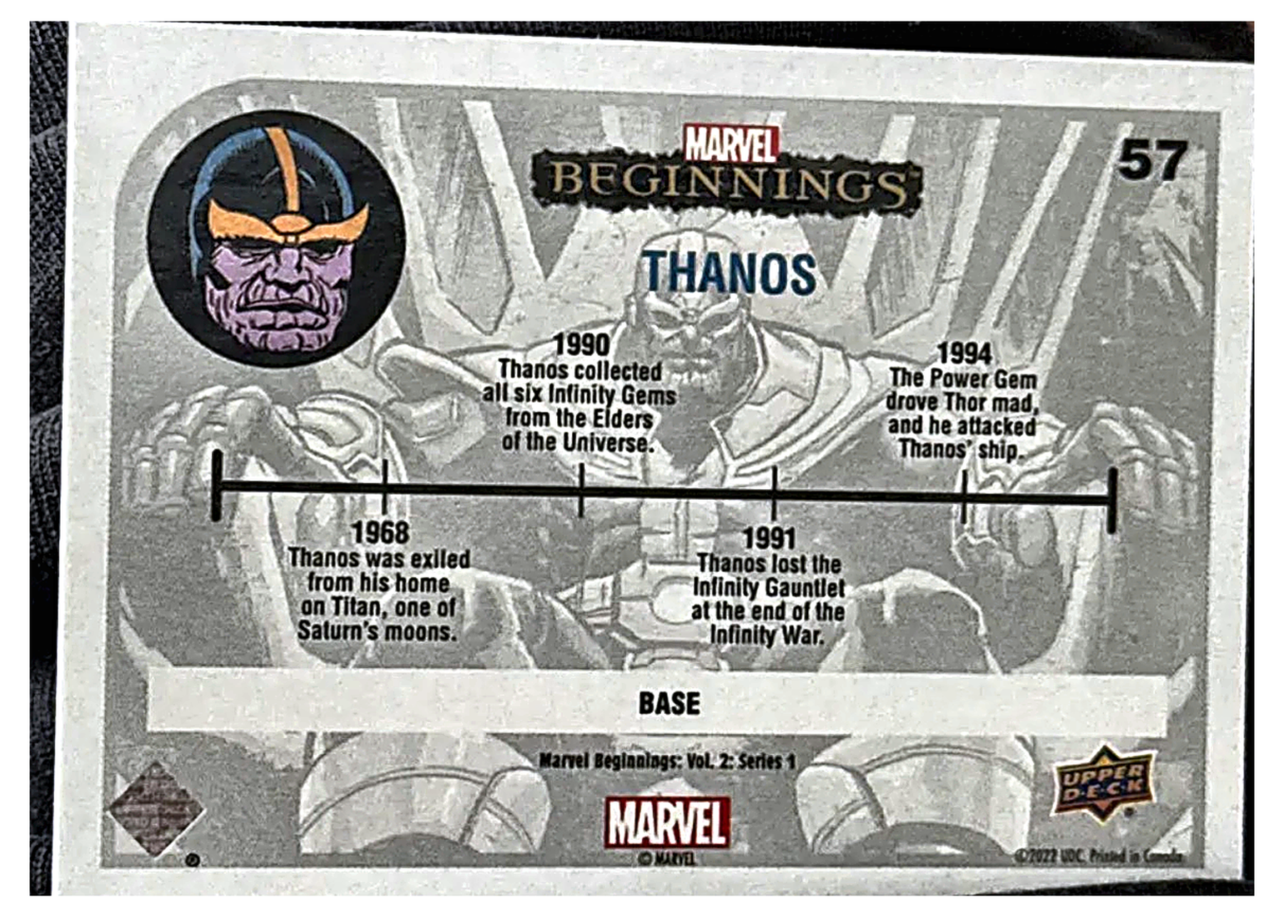 Thanos 57 - reverso con la linea de tiempo del personaje