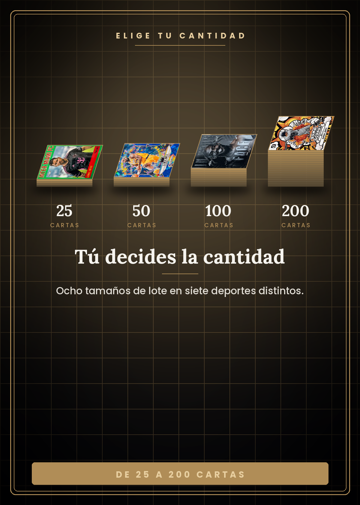 BULK Deportes Vaulted — tú decides la cantidad: lotes de 25, 50, 100 y hasta 200 cartas en siete deportes