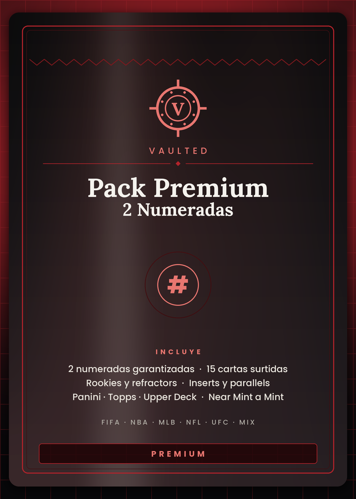 Pack Premium Vaulted — 2 cartas numeradas garantizadas más 15 cartas surtidas de deportes