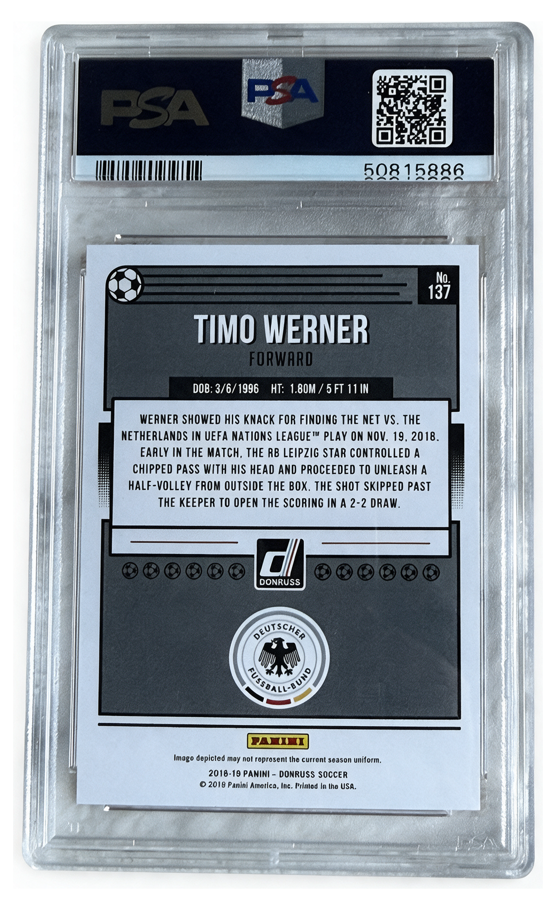 Timo Werner 137 PSA 9 - reverso del slab con certificado 50815886