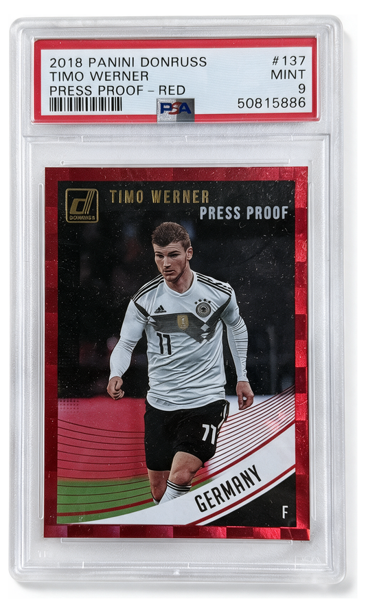 Timo Werner 137 Press Proof Red PSA 9 MINT - 2018-19 Panini Donruss Soccer, frente del slab